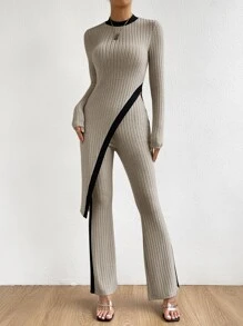 Firerie Contrast Side Seam Asymmetrical Hem Tee & Trousers - Brown - View 6