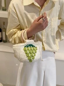 草莓裝飾抽繩設計鉤針編織袋 - 白色 - 查看 4