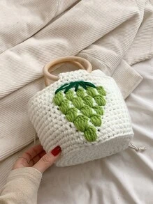草莓裝飾抽繩設計鉤針編織袋 - 白色 - 查看 7