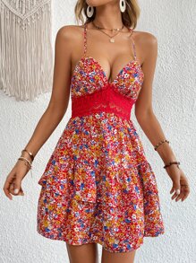 SHEIN VCAY 碎花蕾絲拼接後背繫帶二層下擺連衣裙 - 彩色 - 查看 7