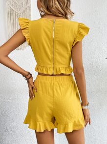 SHEIN VCAY 深V領荷葉邊短款上衣和短褲 - 黃色 - 查看 2