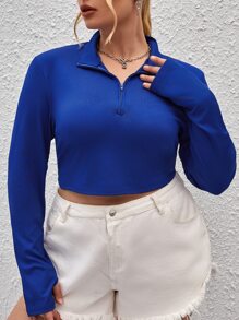 SHEIN Essnce Plus Half Zip Ribbed Knit Crop Tee - Royal Blue - View 3