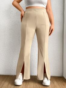 SHEIN EZwear Plus Solid Split Hem Flare Leg Trousers - Beige - View 2