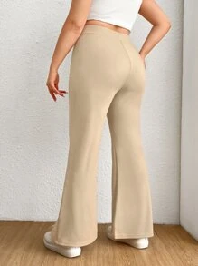 SHEIN EZwear Plus Solid Split Hem Flare Leg Trousers - Beige - View 3