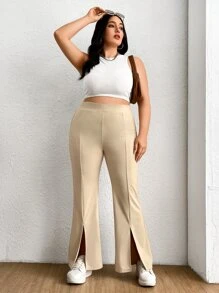 SHEIN EZwear Plus Solid Split Hem Flare Leg Trousers - Beige - View 1