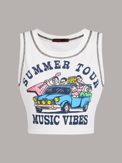 GOLDENLINE Camiseta de tirantes con gráfico de letras de coche y pespuntes, para la escuela