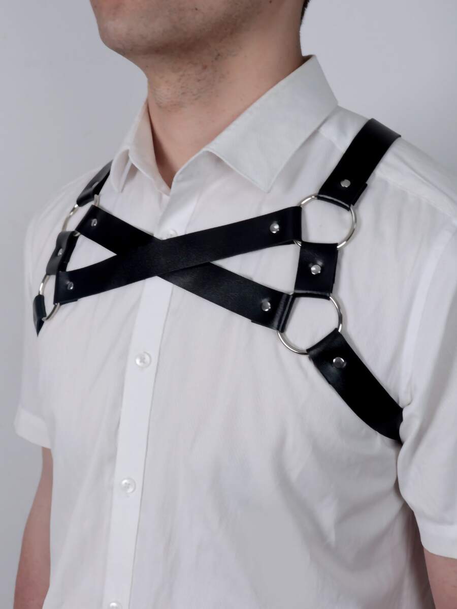 Hombres Cinturón arnés vinculado con aro - Negro - Ver 1