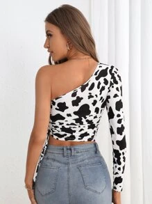 SHEIN Privé 奶牛圖案單肩側抽繩短款T恤 - 黑與白 - 查看 2