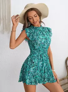 SHEIN VCAY Allover Print Ruffle Trim Shirred Waist Romper - Multicolor - View 3