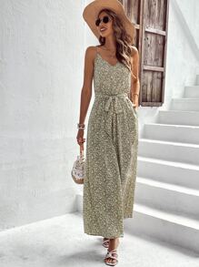 SHEIN VCAY Ditsy Floral Print Belted Cami Jumpsuit Long Sundress - Multicolor - View 1