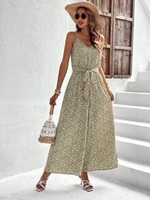 SHEIN VCAY Ditsy Floral Print Belted Cami Jumpsuit Long Sundress - Multicolor - View 3