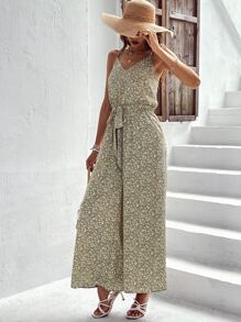 SHEIN VCAY Ditsy Floral Print Belted Cami Jumpsuit Long Sundress - Multicolor - View 4