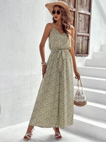 SHEIN VCAY Ditsy Floral Print Belted Cami Jumpsuit Long Sundress - Multicolor - View 5