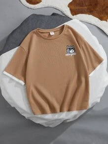 SHEIN 男孩卡通圖案拼接邊T恤 - 卡其色 - 查看 1