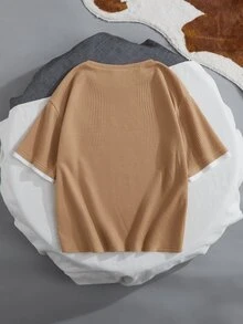 SHEIN 男孩卡通圖案拼接邊T恤 - 卡其色 - 查看 2