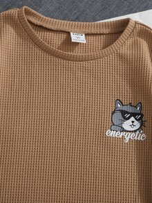 SHEIN 男孩卡通圖案拼接邊T恤 - 卡其色 - 查看 4