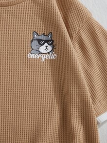 SHEIN 男孩卡通圖案拼接邊T恤 - 卡其色 - 查看 5