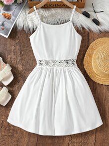 SHEIN 女孩水溶蕾絲拼接吊帶連體短褲 - 白色 - 查看 1