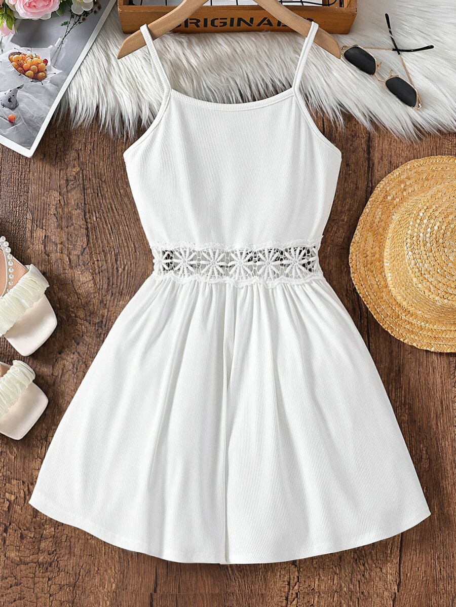 SHEIN 女孩水溶蕾絲拼接吊帶連體短褲 - 白色 - 查看 1