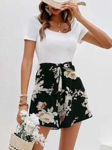 SHEIN Frenchy Floral Print Belted Romper - Multicolor - View 4