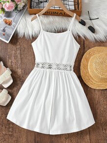 SHEIN 女孩水溶蕾絲拼接吊帶連體短褲 - 白色 - 查看 2