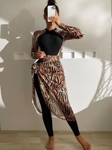 Swim Mulvari 3入組虎紋印花前拉鍊連體泳衣和沙灘裙和褲子