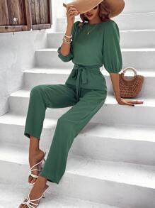 SHEIN LUNE 素色泡泡袖腰帶連身褲 - 綠色 - 查看 6