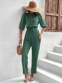 SHEIN LUNE 素色泡泡袖腰帶連身褲 - 綠色 - 查看 1