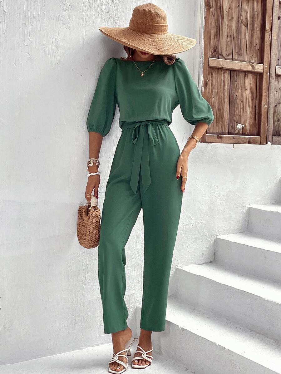 SHEIN LUNE 素色泡泡袖腰帶連身褲 - 綠色 - 查看 1