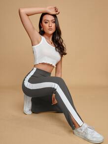 SHEIN EZwear 拼接側邊接縫下擺開叉長褲 - 深灰色 - 查看 3
