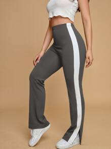 SHEIN EZwear 拼接側邊接縫下擺開叉長褲 - 深灰色 - 查看 4