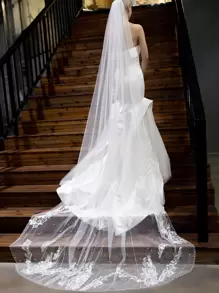 1pc White Floor-Length Veil Magnificent Flower Embroidered Bridal Long Veil Veils Wedding Accessories For Church Wedding,Lawn Wedding Valentine's Day Accessories - White - View 4