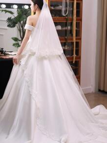 1pc White Lace & Mesh Long Wedding Veil, Bride's Headpiece With Lace Edge For Bridal Wedding Photoshoot Vacation Fall Clothes For Women - White - View 1