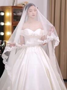 1pc White Lace & Mesh Long Wedding Veil, Bride's Headpiece With Lace Edge For Bridal Wedding Photoshoot Vacation Fall Clothes For Women - White - View 4