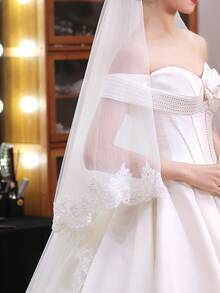 1pc White Lace & Mesh Long Wedding Veil, Bride's Headpiece With Lace Edge For Bridal Wedding Photoshoot Vacation Fall Clothes For Women - White - View 6