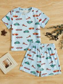 SHEIN Toddler Boys Car Print Tee & Shorts Snug Fit PJ Set - Multicolor - View 1