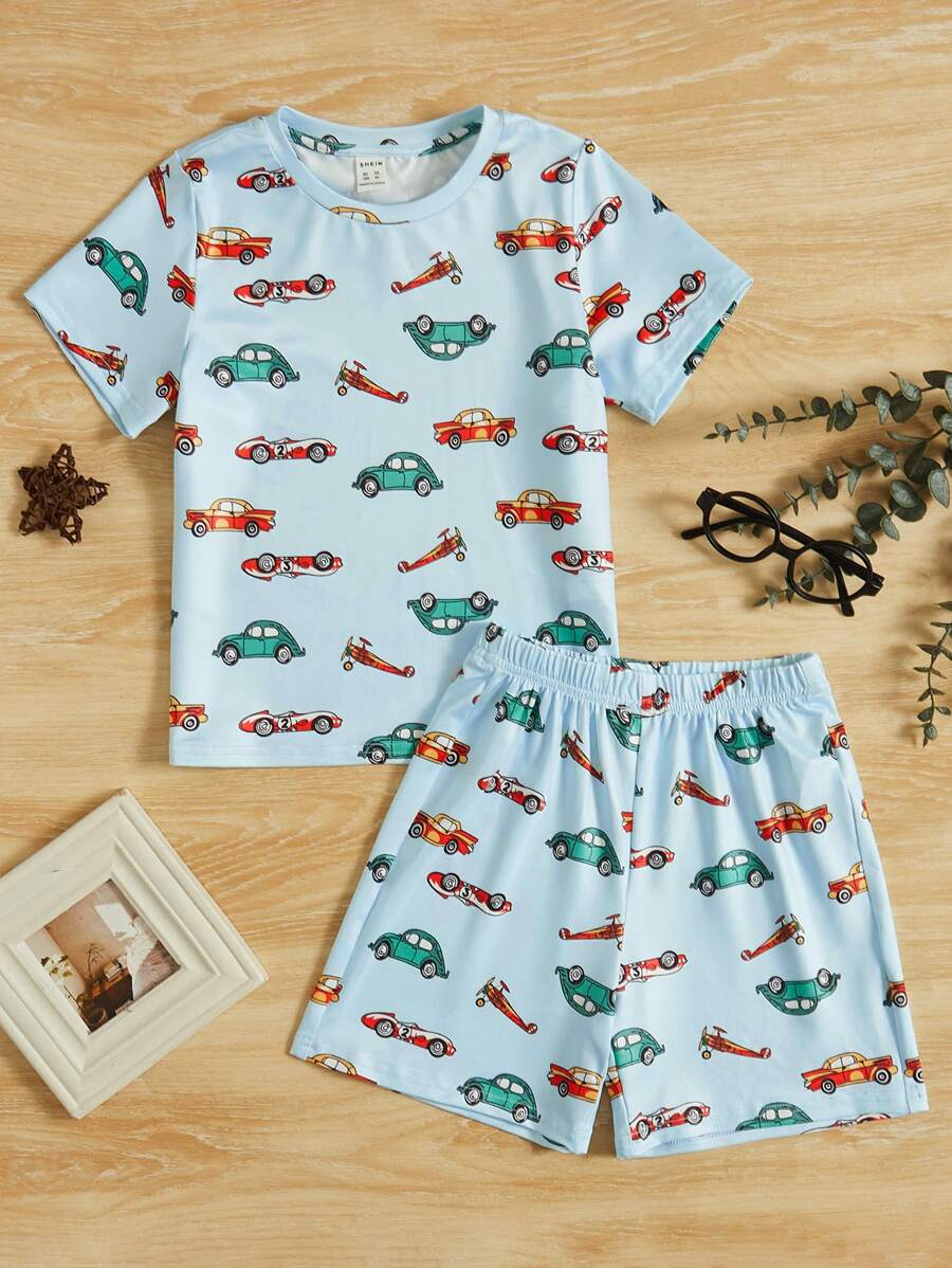 SHEIN Toddler Boys Car Print Tee & Shorts Snug Fit PJ Set - Multicolor - View 1