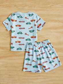 SHEIN Toddler Boys Car Print Tee & Shorts Snug Fit PJ Set - Multicolor - View 2