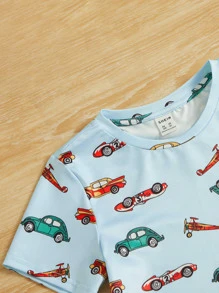 SHEIN Toddler Boys Car Print Tee & Shorts Snug Fit PJ Set - Multicolor - View 4