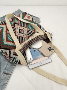 Bolso de mano de ganchillo con patrón gráfico geométrico, bolso de mano con diseño de tejido, bolso de compras plegable, versátil y a la moda - Multicolor - Ver 6