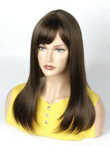 Long Straight Synthetic Wig With Bangs - Brown - View 3