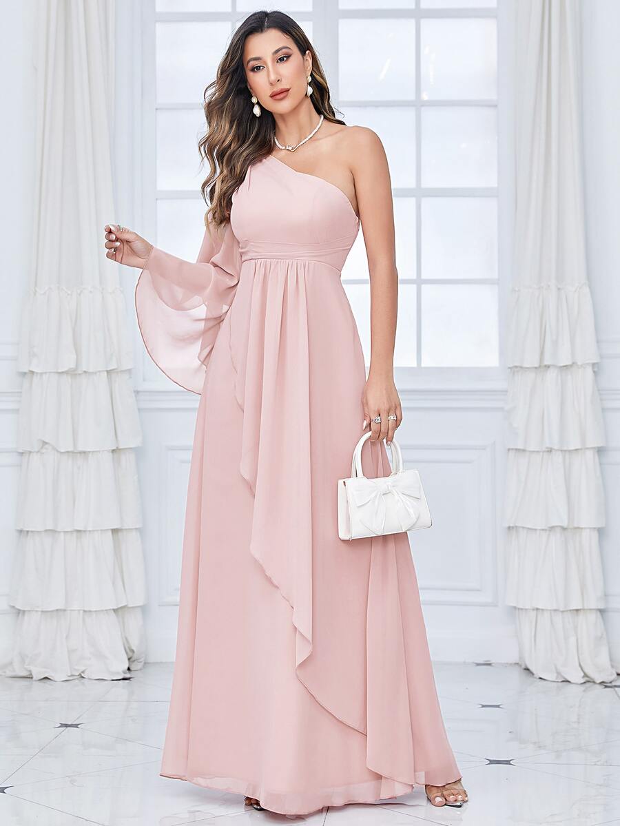 One Shoulder Flounce Sleeve Chiffon Bridesmaid Dress - Baby Pink - View 1