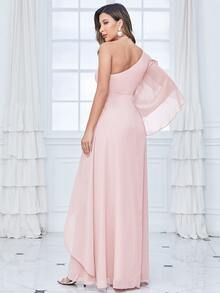 One Shoulder Flounce Sleeve Chiffon Bridesmaid Dress - Baby Pink - View 2