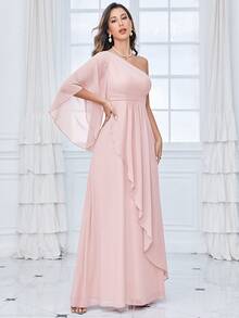One Shoulder Flounce Sleeve Chiffon Bridesmaid Dress - Baby Pink - View 3