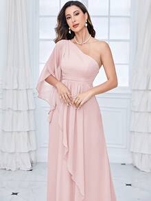 One Shoulder Flounce Sleeve Chiffon Bridesmaid Dress - Baby Pink - View 4