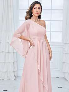 One Shoulder Flounce Sleeve Chiffon Bridesmaid Dress - Baby Pink - View 6