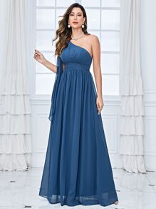 One Shoulder Draped Side Chiffon Bridesmaid Dress - Navy Blue - View 1
