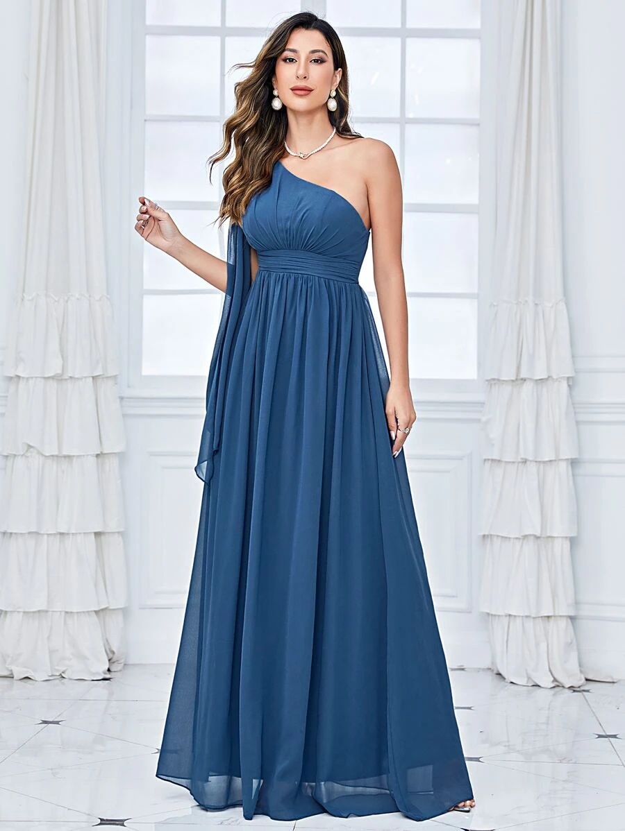 One Shoulder Draped Side Chiffon Bridesmaid Dress - Navy Blue - View 1
