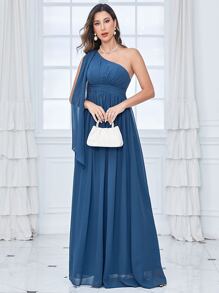 One Shoulder Draped Side Chiffon Bridesmaid Dress - Navy Blue - View 3