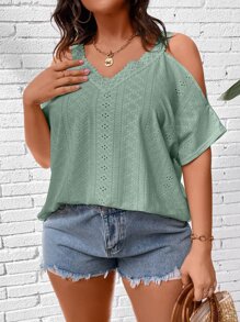 SHEIN LUNE Plus Cold Shoulder Eyelet Embroidery Batwing Sleeve Tee - Cadet Blue - View 4
